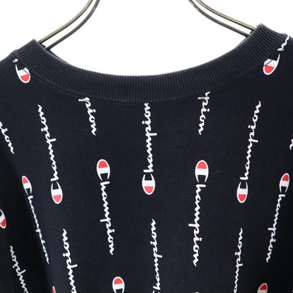 Champion チャンピオン 青単 復刻 リバースウィーブ 総柄 長袖 トレーナー S 黒系 スウェット 裏起毛 メンズ