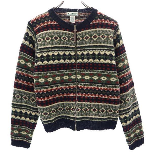 エルエルビーン 総柄 ニットジャケット XS 黒×緑×赤 L.L.Bean ノーカラー アウトドア レディース