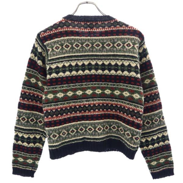 エルエルビーン 総柄 ニットジャケット XS 黒×緑×赤 L.L.Bean ノーカラー アウトドア レディース