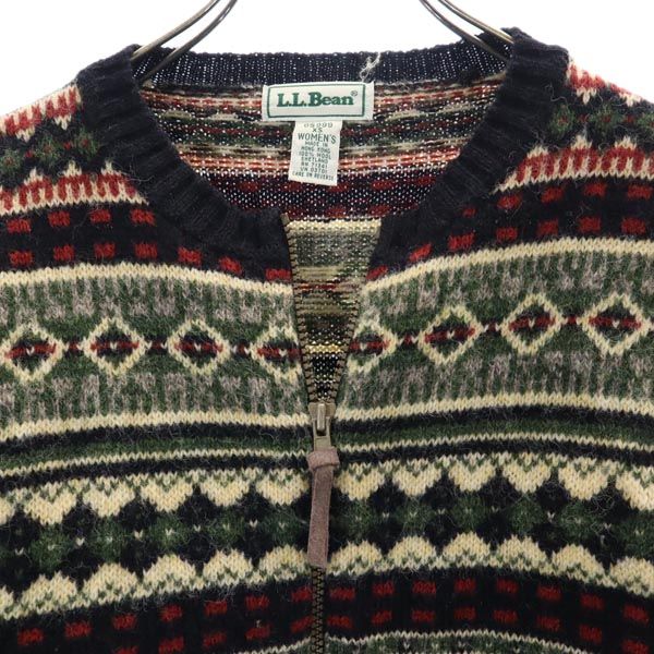 エルエルビーン 総柄 ニットジャケット XS 黒×緑×赤 L.L.Bean ノーカラー アウトドア レディース