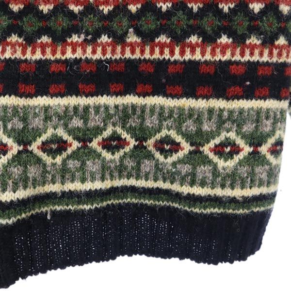 エルエルビーン 総柄 ニットジャケット XS 黒×緑×赤 L.L.Bean ノーカラー アウトドア レディース