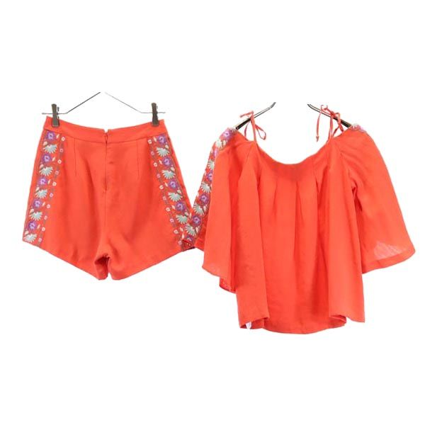 Lily Brown リリーブラウン 半袖 刺繍肩あき カットソー 上下 セットアップ F/1 オレンジ系 ショートパンツ レディース