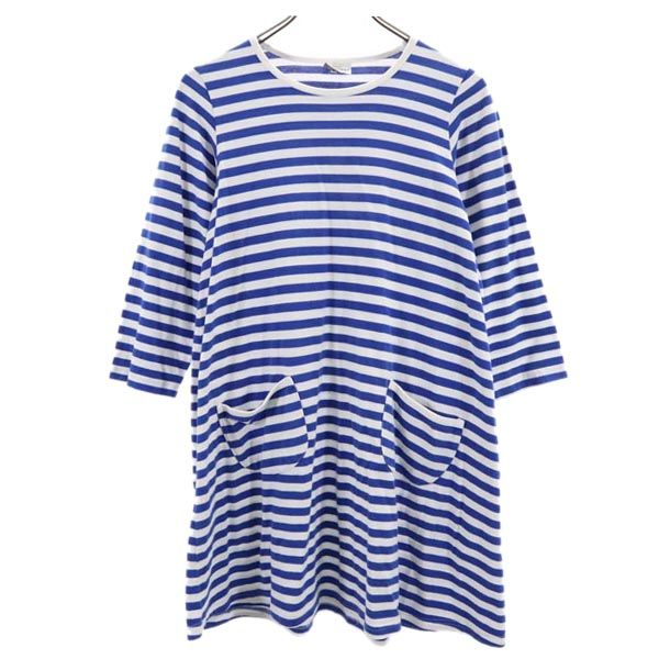 marimekko マリメッコ ボーダー柄 長袖 ワンピース 160 白_ブルー キッズ