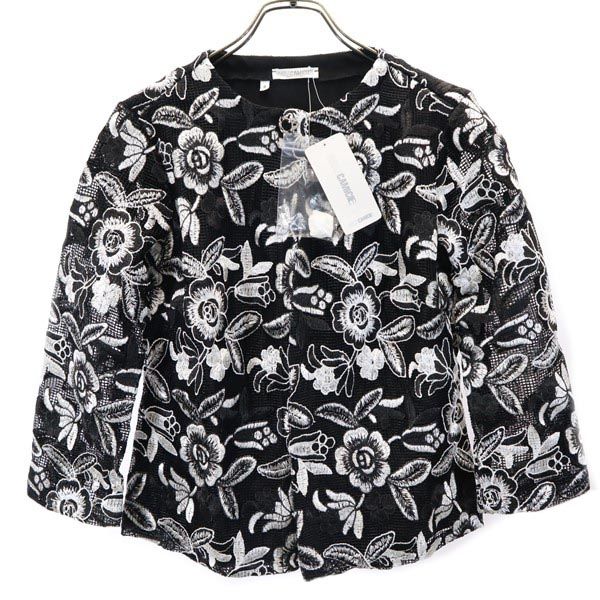 未使用 NARACAMICIE ナラカミーチェ イタリア製 花柄 7分袖 ノーカラージャケット ブラック系 レディース