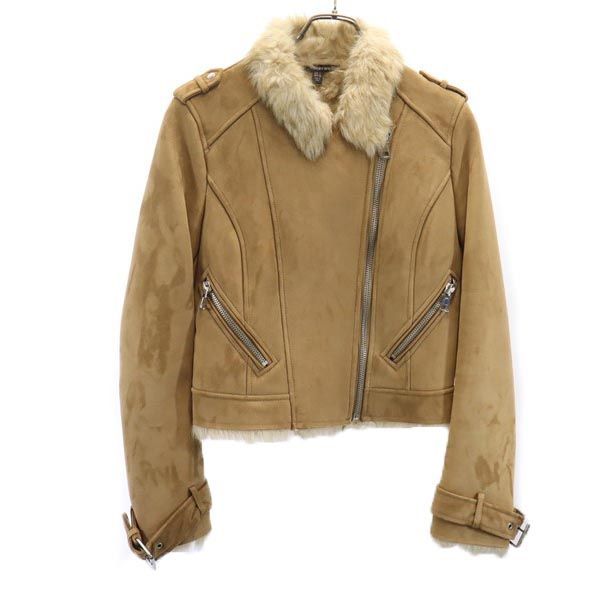 ザラ 長袖 スエードライク ダブルライダースジャケット L ベージュ系 ZARA 裏ファー レディース