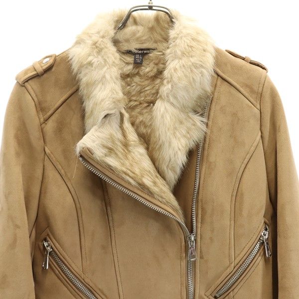 ザラ 長袖 スエードライク ダブルライダースジャケット L ベージュ系 ZARA 裏ファー レディース