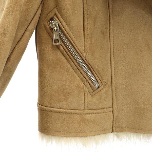 ザラ 長袖 スエードライク ダブルライダースジャケット L ベージュ系 ZARA 裏ファー レディース