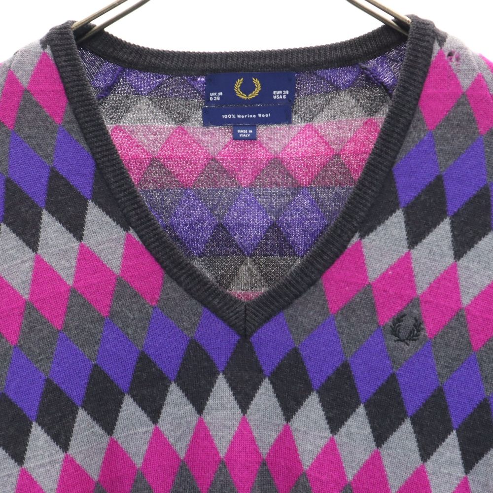 FRED PERRY フレッドペリー ウール 長袖 Vネック セーター USA6 グレー系 ニットワンピース レディース