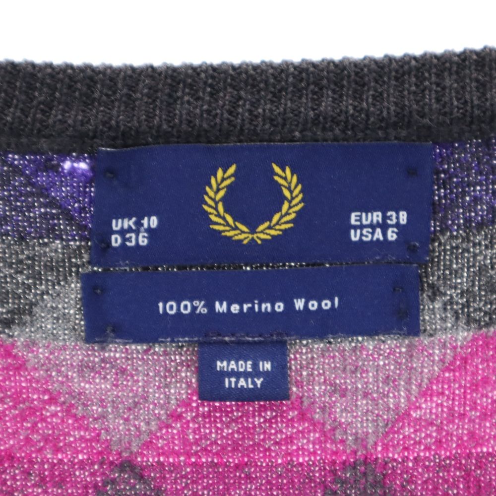 FRED PERRY フレッドペリー ウール 長袖 Vネック セーター USA6 グレー系 ニットワンピース レディース