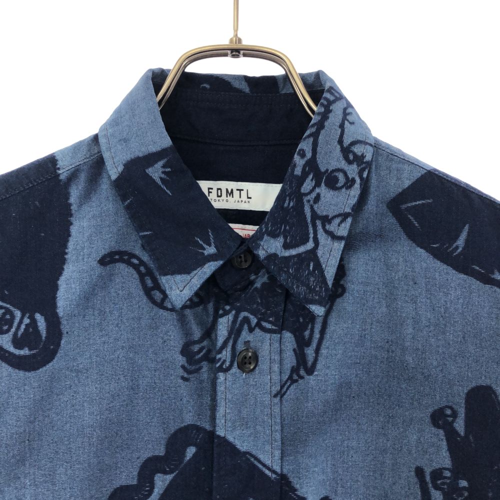 FDMTL ファンダメンタル 日本製 総柄 長袖 シャツ 1 ブルー マウス ネズミ メンズ