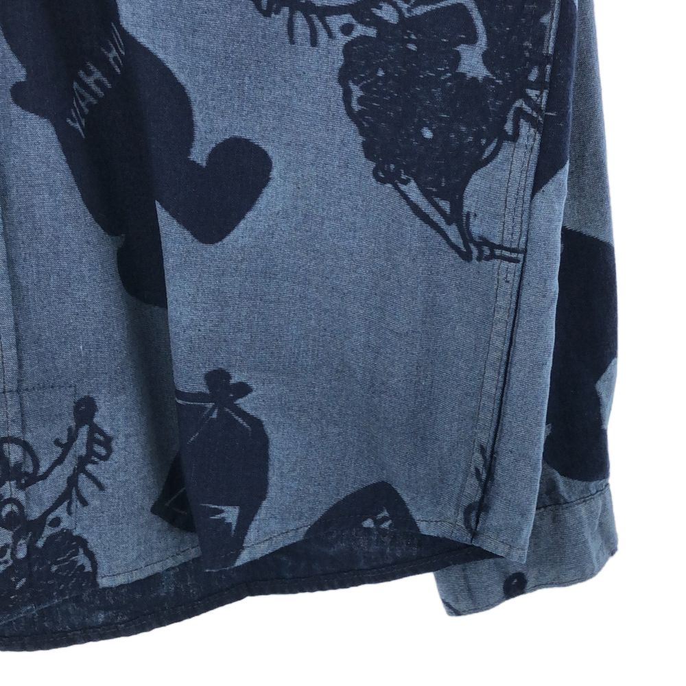 FDMTL ファンダメンタル 日本製 総柄 長袖 シャツ 1 ブルー マウス ネズミ メンズ