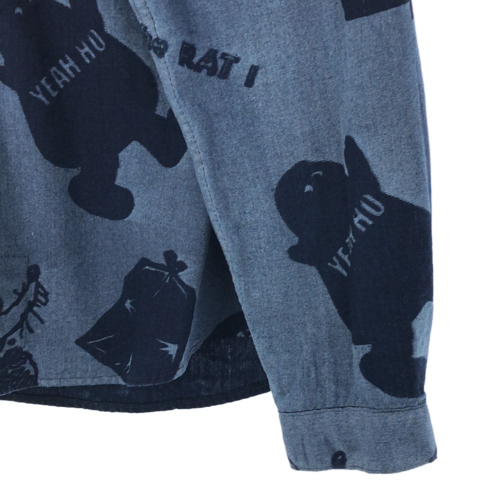 FDMTL ファンダメンタル 日本製 総柄 長袖 シャツ 1 ブルー マウス ネズミ メンズ