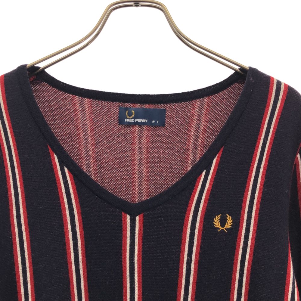 FRED PERRY フレッドペリー ストライプ 長袖 Vネック ニット ワンピース S ネイビー系 ワンポイント刺繍 レディース