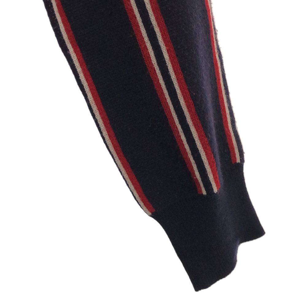 FRED PERRY フレッドペリー ストライプ 長袖 Vネック ニット ワンピース S ネイビー系 ワンポイント刺繍 レディース