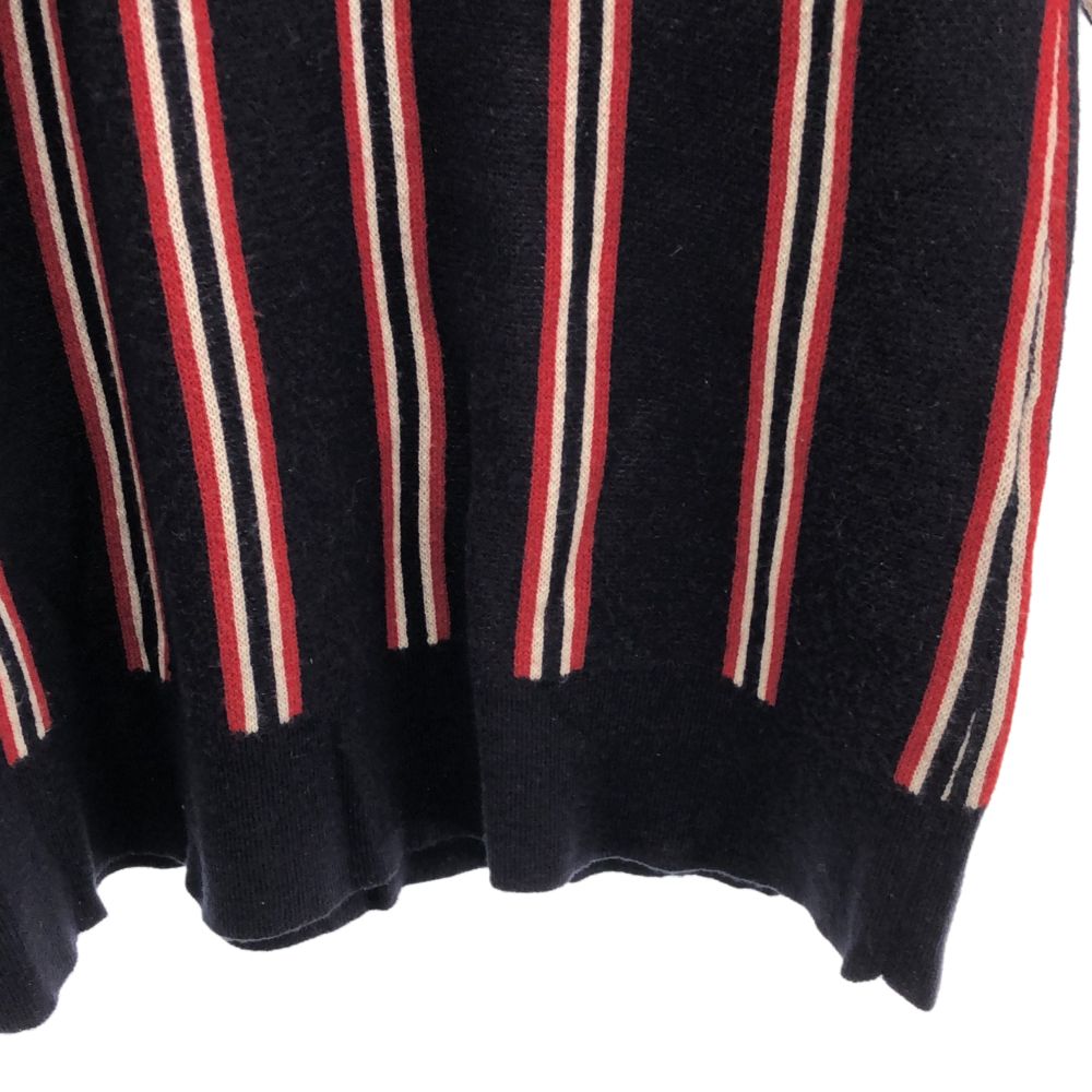 FRED PERRY フレッドペリー ストライプ 長袖 Vネック ニット ワンピース S ネイビー系 ワンポイント刺繍 レディース