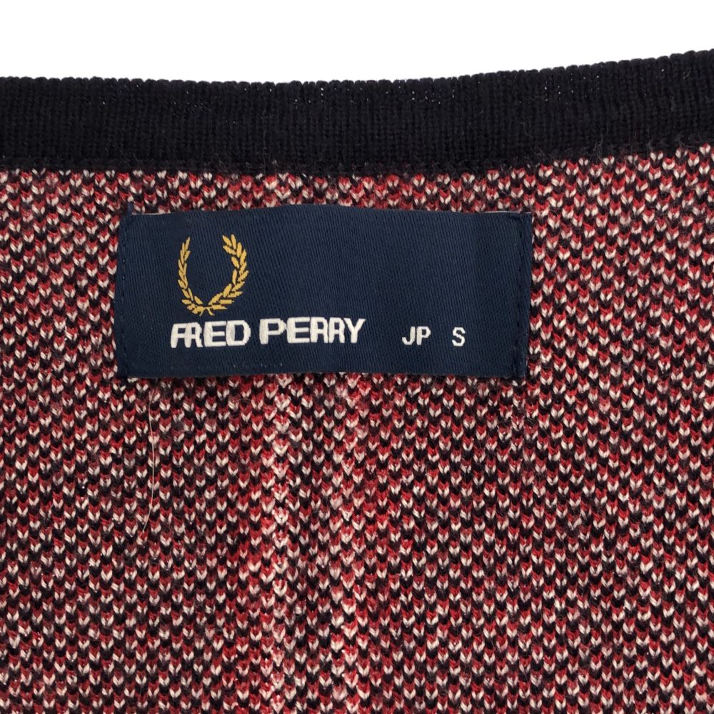 FRED PERRY フレッドペリー ストライプ 長袖 Vネック ニット ワンピース S ネイビー系 ワンポイント刺繍 レディース