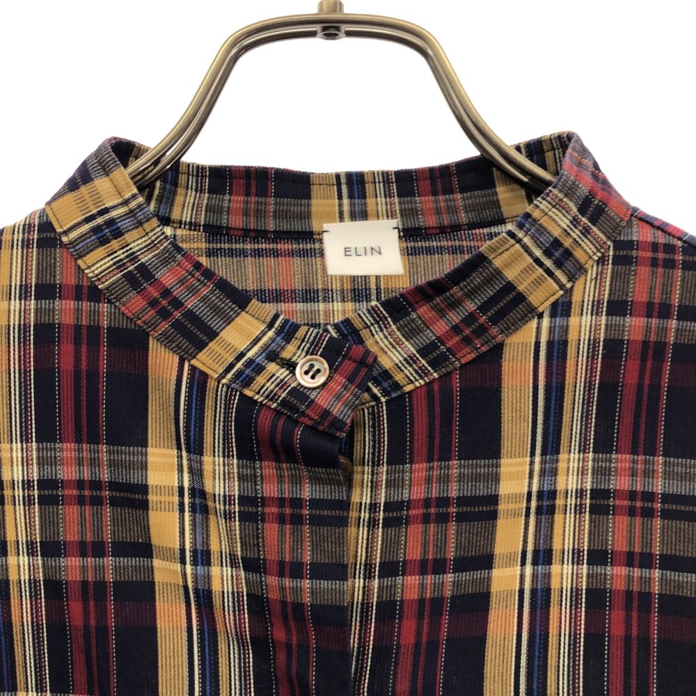 ELIN エリン 日本製 チェック 長袖 ショート丈 ノーカラーシャツ 38 レディース