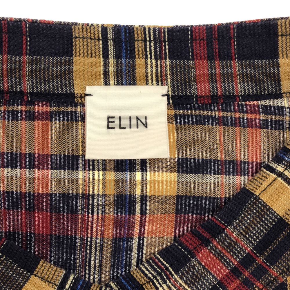 ELIN エリン 日本製 チェック 長袖 ショート丈 ノーカラーシャツ 38 レディース