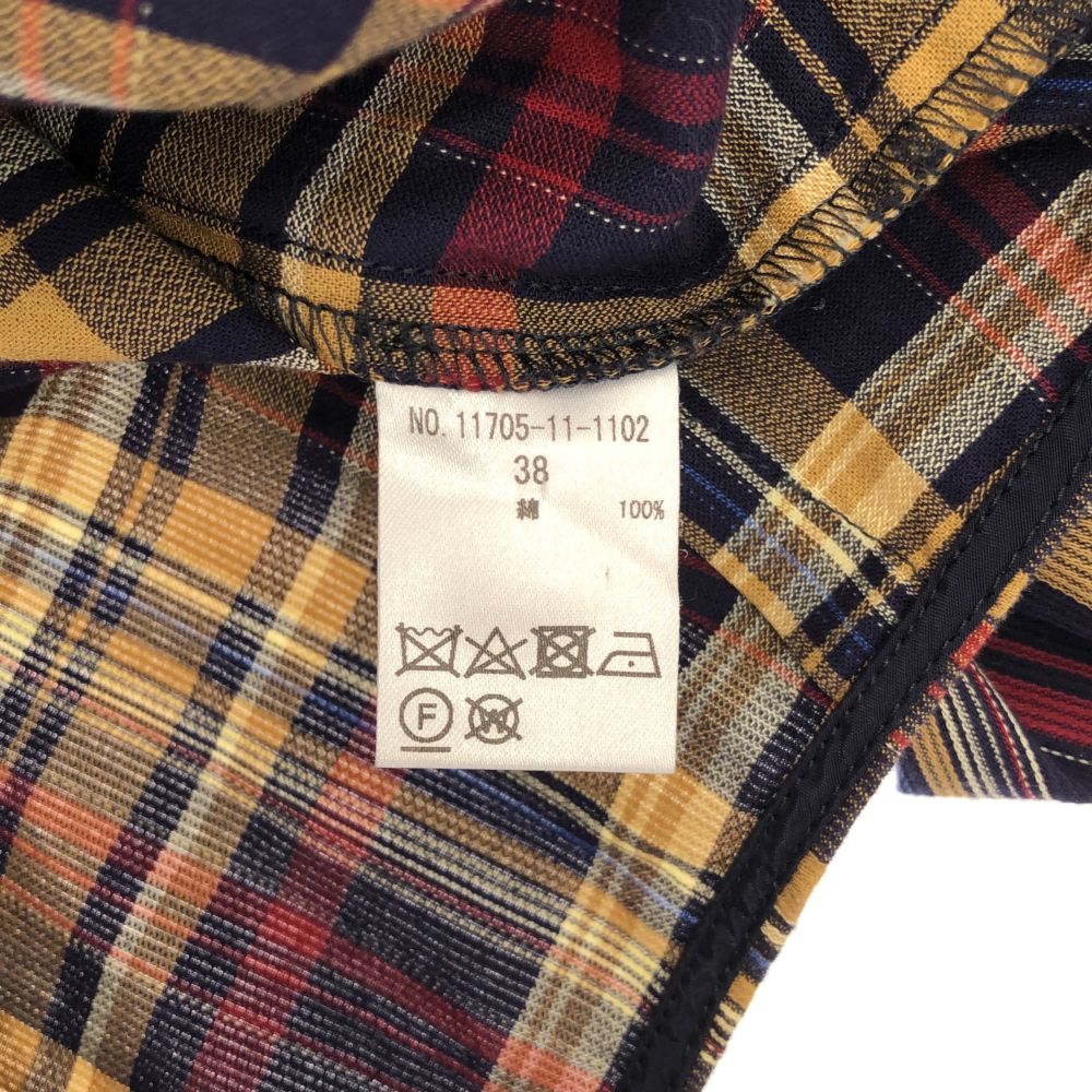 ELIN エリン 日本製 チェック 長袖 ショート丈 ノーカラーシャツ 38 レディース