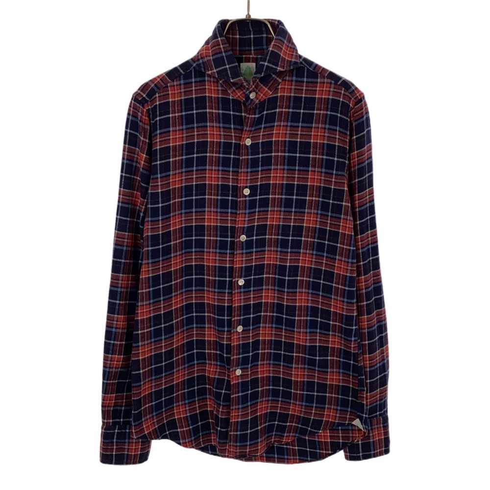Finamore フィナモレ 英国製 長袖 チェックシャツ S レッド×ネイビー メンズ