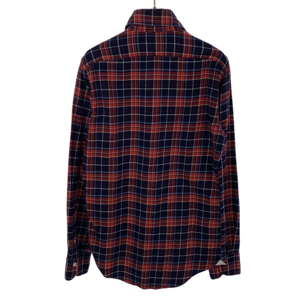 Finamore フィナモレ 英国製 長袖 チェックシャツ S レッド×ネイビー メンズ