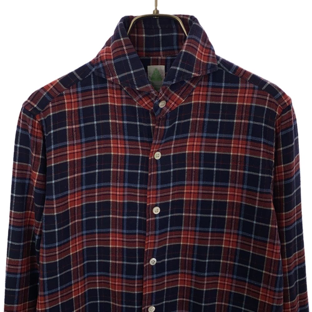 Finamore フィナモレ 英国製 長袖 チェックシャツ S レッド×ネイビー メンズ