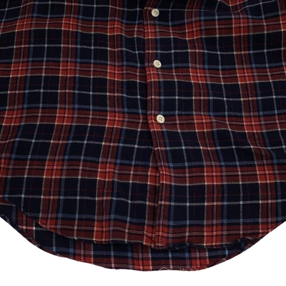 Finamore フィナモレ 英国製 長袖 チェックシャツ S レッド×ネイビー メンズ