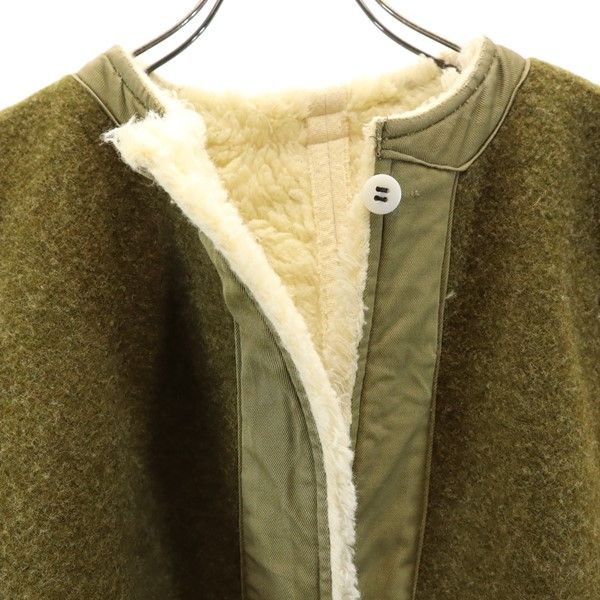 切替 ノーカラーコート アイボリー×カーキ 裏ボア レディース