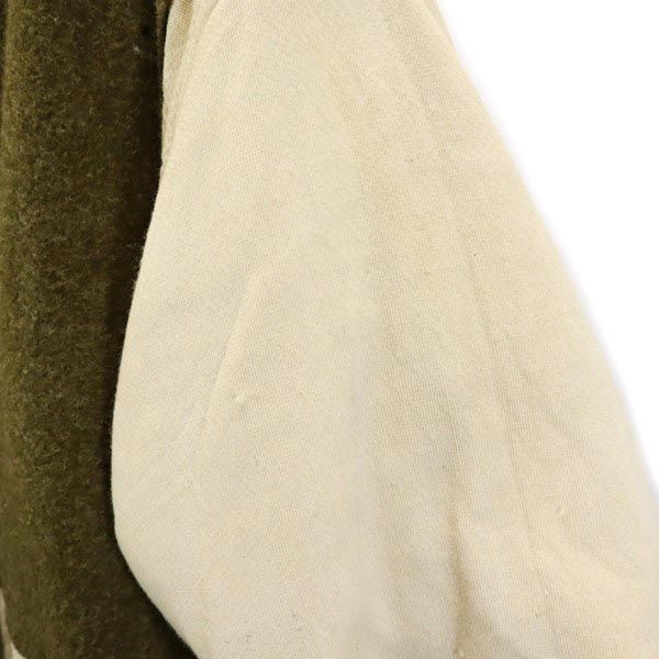 切替 ノーカラーコート アイボリー×カーキ 裏ボア レディース