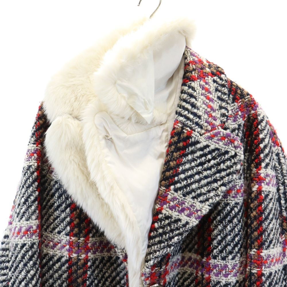 カルヴェン チェック柄 ファー襟 2way ウールコート 34 ブラック系 CARVEN レディース