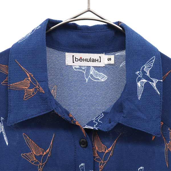 beHulaH べフラ 鳥柄 長袖 ワンピース S ブルー系 ロングシャツ レディース