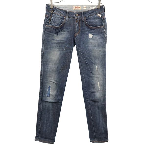 REPLAY リプレイ ワンポイントロゴ刺繍 ダメージ加工 スキニーデニムパンツ W25 ブルー ジーパン レディース