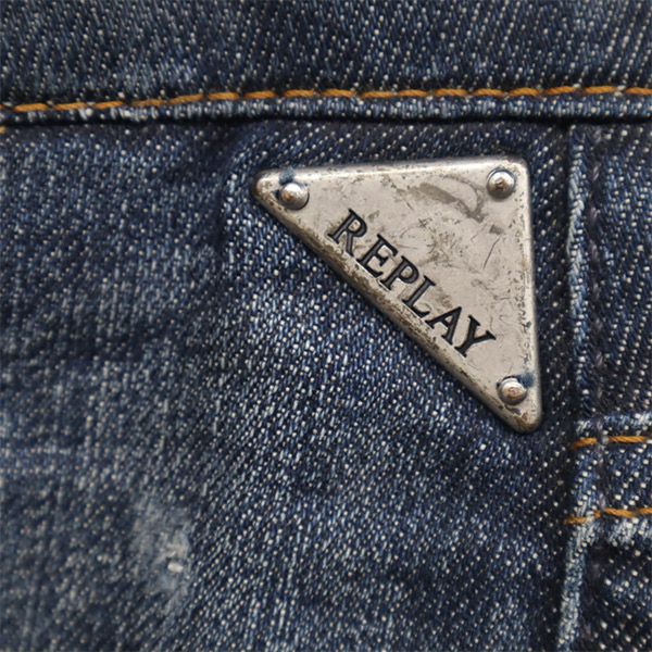 REPLAY リプレイ ワンポイントロゴ刺繍 ダメージ加工 スキニーデニムパンツ W25 ブルー ジーパン レディース