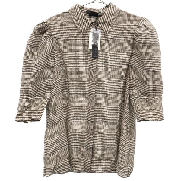 未使用 akuce+olivia アリス アンド オリビア シルク 千鳥格子柄 半袖 ブラウス S ホワイト×ブラウン レディース