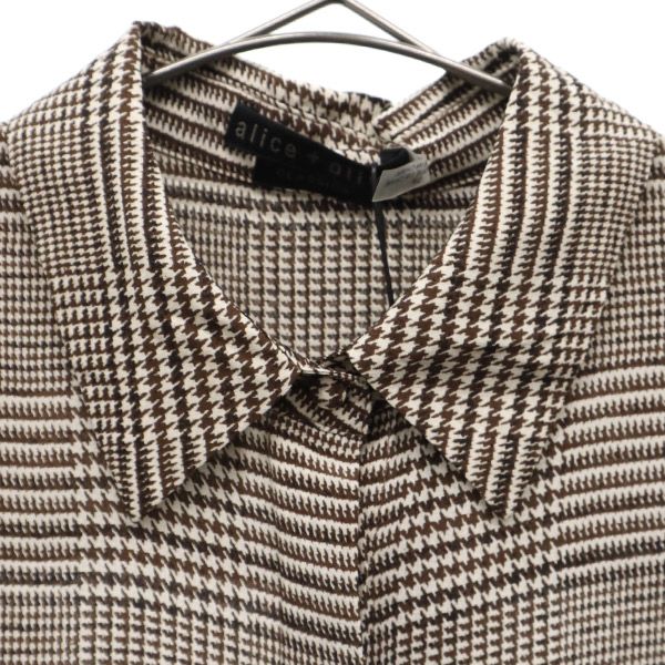 未使用 akuce+olivia アリス アンド オリビア シルク 千鳥格子柄 半袖 ブラウス S ホワイト×ブラウン レディース