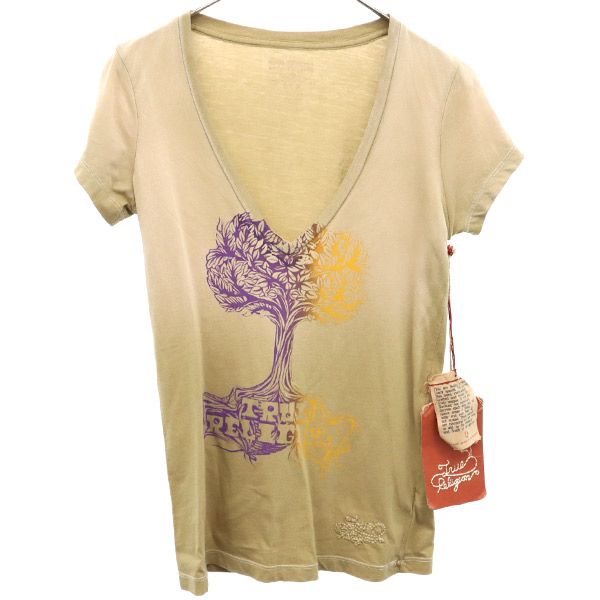 トゥルーレリジョン プリント 半袖 Vネック Tシャツ XS ベージュ TRUE RELIGION レディース
