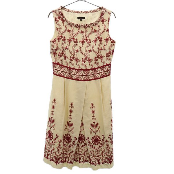 TOCCA トッカ 日本製 総柄 ノースリーブ ワンピース 2 ベージュ×レッド レディース