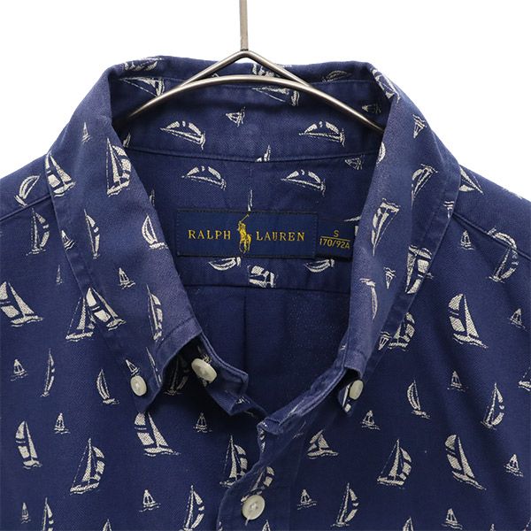 ラルフローレン 総柄 半袖 ボタンダウンシャツ S ネイビー RALPH LAUREN メンズ