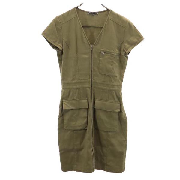 セオリー リネンブレンド 半袖 ワンピース 2 カーキ theory フロントジッパー レディース