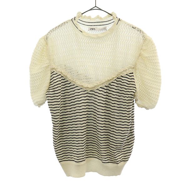 ザラ ボーダー 半袖 セーター L ホワイト系 ZARA ニット レディース