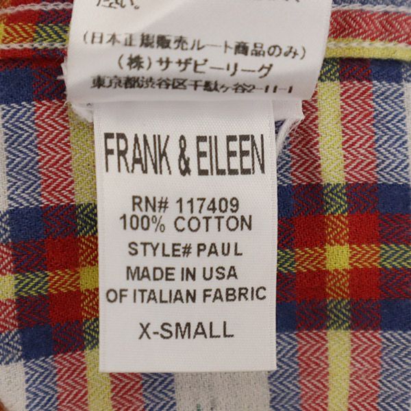 Frank&Eileen フランクアンドアイリーン USA製 チェック 長袖 シャツ XS レッド メンズ