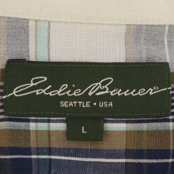 エディーバウアー チェック 7分袖 シャツ L ブルー系 Eddie Bauer メンズ