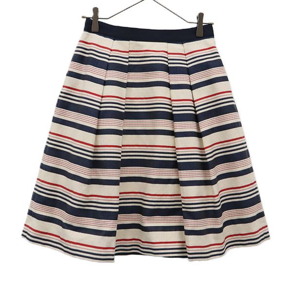 アナイ 日本製 ボーダー ミディ丈 タック スカート 38 ホワイト系 ANAYI マリンカラー レディース