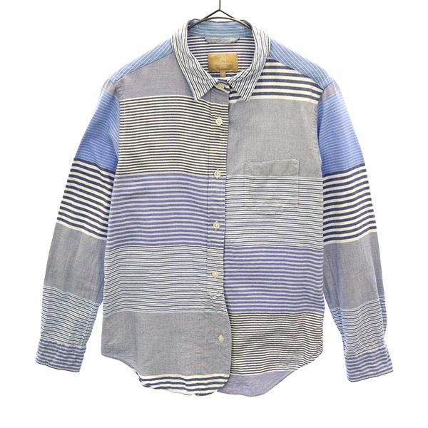 Nigel Cabourn ナイジェルケーボン 日本製 ボーダー 長袖 レギュラーカラー コットンシャツ 38 ブルー系 レディース