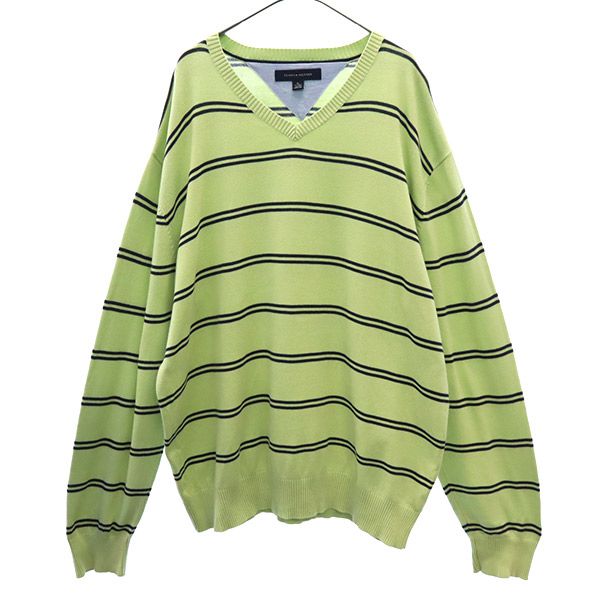 トミーヒルフィガー ボーダー 長袖 Vネック セーター XL グリーン TOMMY HILFIGER ニット ロゴ刺繍 メンズ