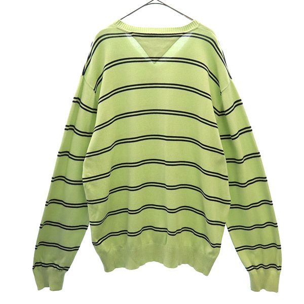 トミーヒルフィガー ボーダー 長袖 Vネック セーター XL グリーン TOMMY HILFIGER ニット ロゴ刺繍 メンズ