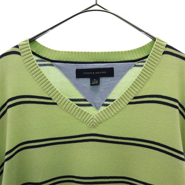 トミーヒルフィガー ボーダー 長袖 Vネック セーター XL グリーン TOMMY HILFIGER ニット ロゴ刺繍 メンズ
