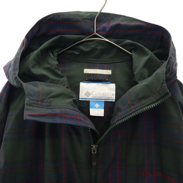 コロンビア アウトドア チェック ナイロンジャケット XXL グリーン系 Columbia フード付き ビッグサイズ ロゴ刺繍 メンズ