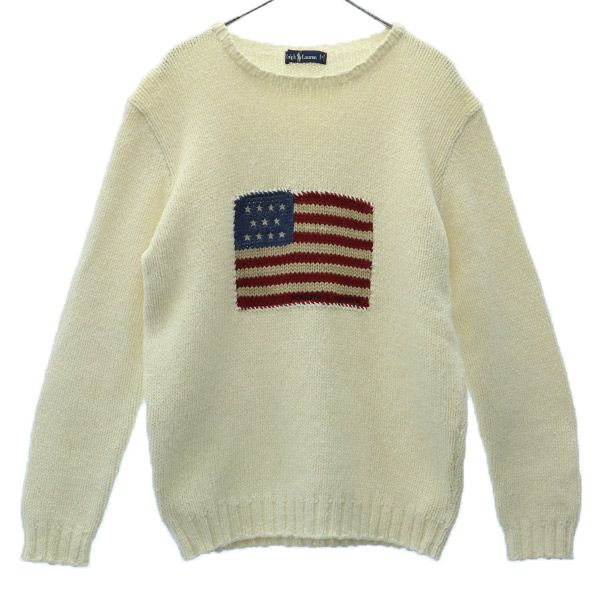 RALPH LAUREN ラルフローレン 90s コットンニット ロゴ刺繍 長袖 セーター ホワイト オールド ヴィンテージ メンズ