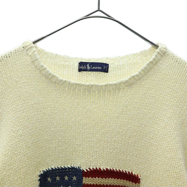 RALPH LAUREN ラルフローレン 90s コットンニット ロゴ刺繍 長袖 セーター ホワイト オールド ヴィンテージ メンズ